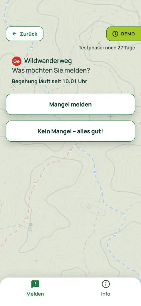 Screenshot der App: Wegwahl erledigt, Begehung läuft seit Uhrzeit, Auswahl Mangel melden oder Kein Mangel