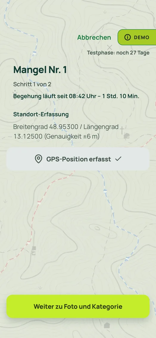 Screenshot der App: Standort-Erfassung mit Breitengrad, Längengrad und Genauigkeit