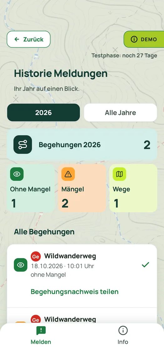 Screenshot der App: Historie mit Begehungen gesamt, ohne Mangel, Mängel und Wegen