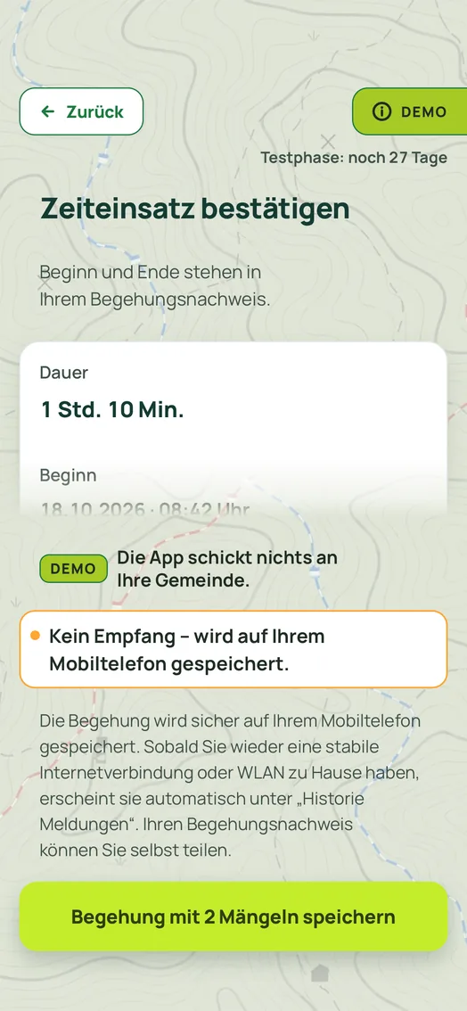 Screenshot der App: Kein Empfang, die Begehung wird auf dem Mobiltelefon gespeichert